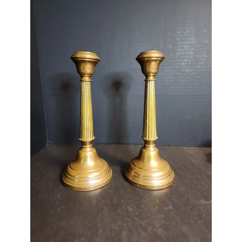Pair of Antique Brass Candlesticks, Copper Weighted, Column Fluted 8.5